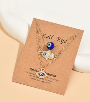 3 Piece Evil Eye & Rhinestone Hamsa Hand Charm Necklace